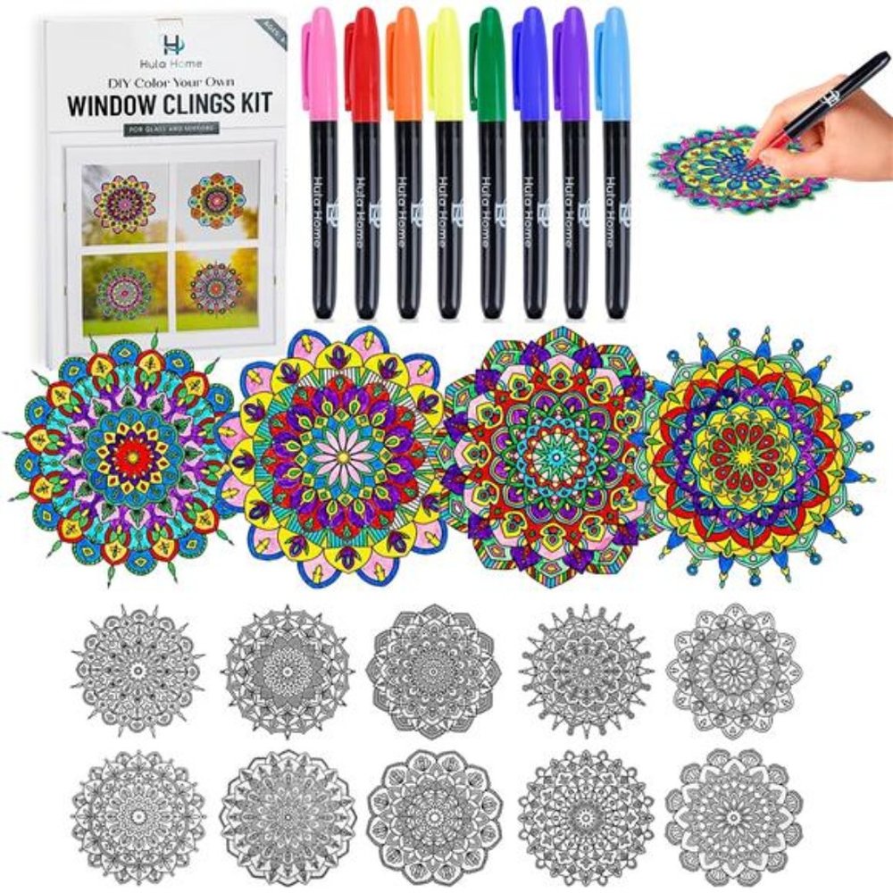 Stained Glass Mandala Art Kit - DIY Window Clings with Markers, 10 Suncatchers